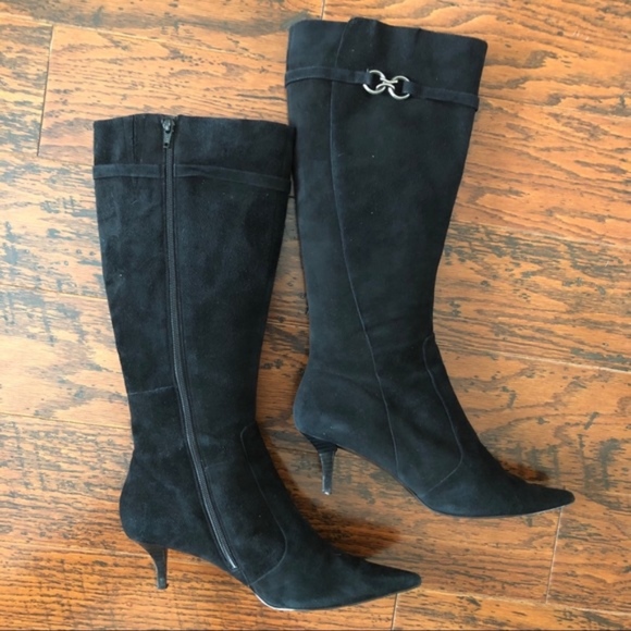 black suede kitten heel knee high boots